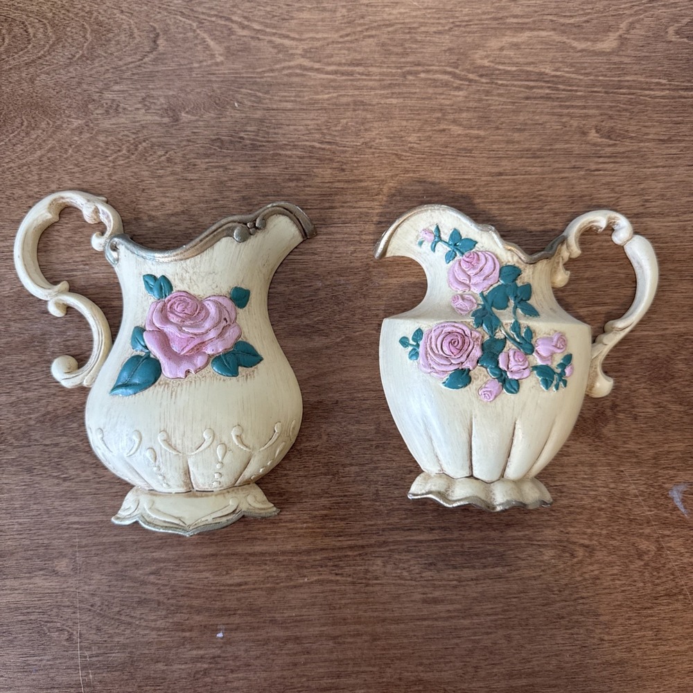 Vintage Burwood Home InteriPitchers w/ Pink Roses Wall Plaques set of 2 Cottage